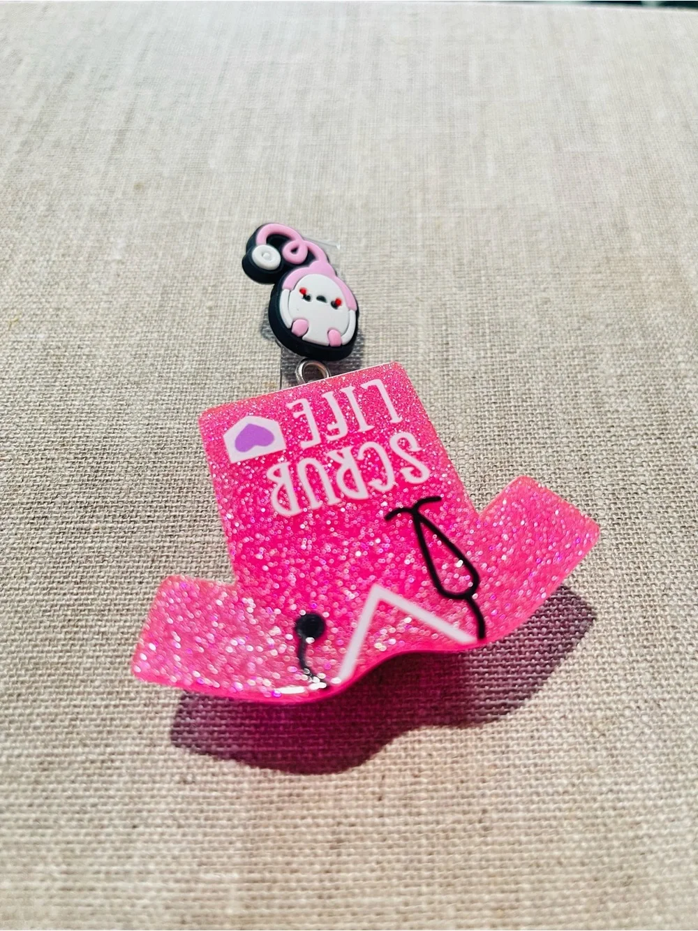 Pink 'Scrub Life' Nurse Badge Retractable Reel with Stethoscope Charm